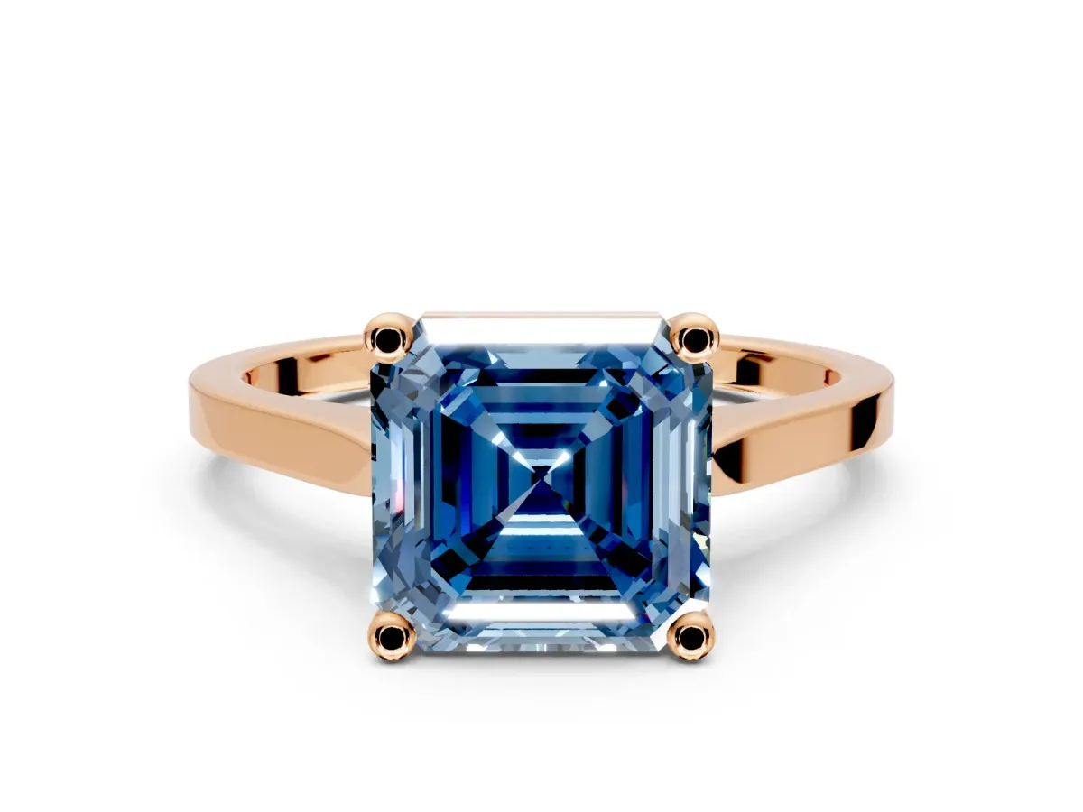Solitaire Engagement Ring Setting for Fancy Blue Asscher Cut Center with Tapered Shoulders and Prong Head in Rose Gold