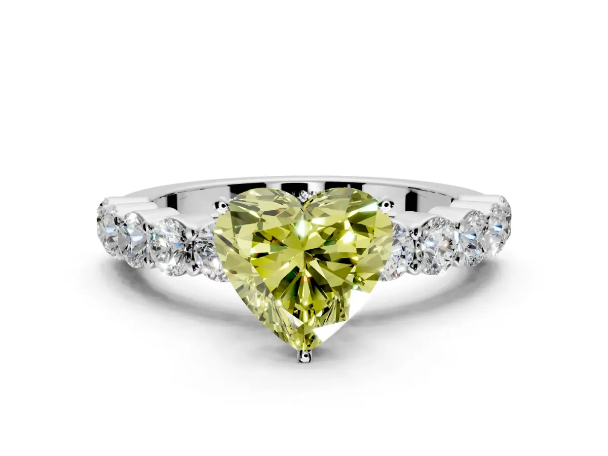 Shared-Prong Engagement Ring Setting for Fancy Yellow Heart-Shaped Center with Graduated Accents and Prong Head in Platinum