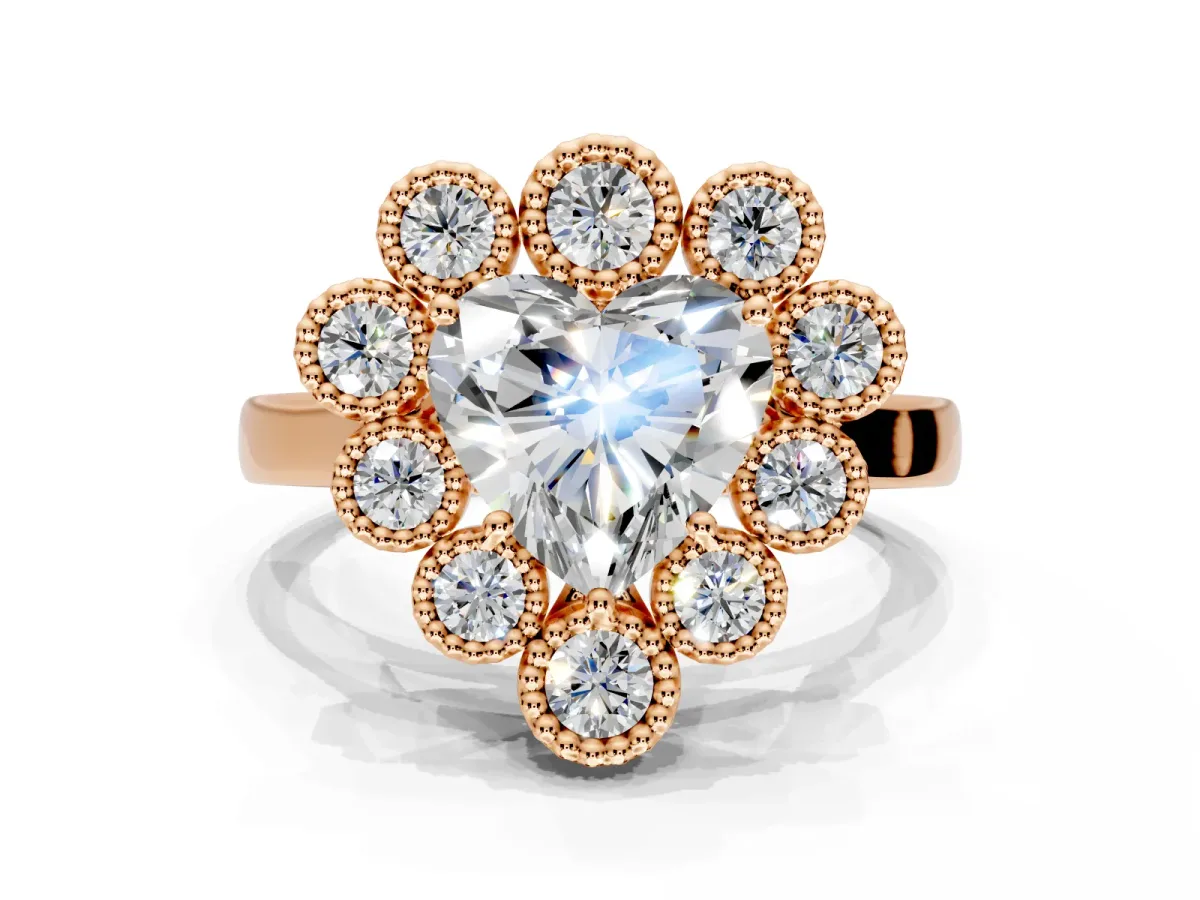 Cluster Halo Engagement Ring Setting for Heart-Shaped Center with Milgrain Bezel Accents and Prong Head in Rose Gold