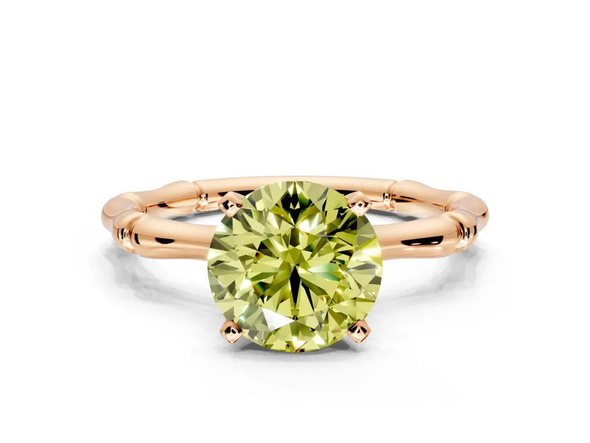 Solitaire Engagement Ring Setting for Fancy Yellow Round Cut Center with Bamboo Band and Prong Head in Rose Gold