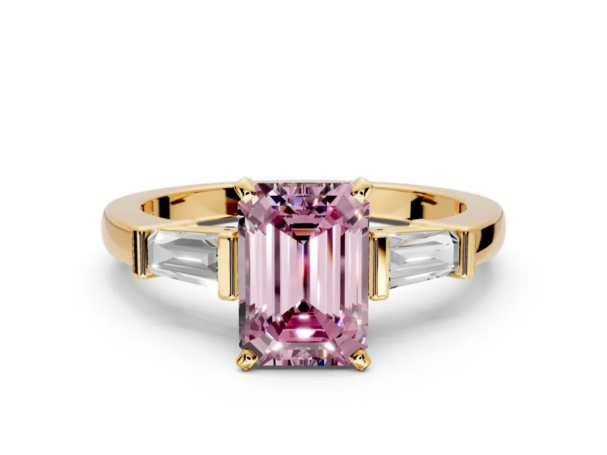 3 Stone Engagement Ring Setting for Fancy Pink Emerald Cut Center with Channel Baguette Accents and Prong Head in Yellow Gold
