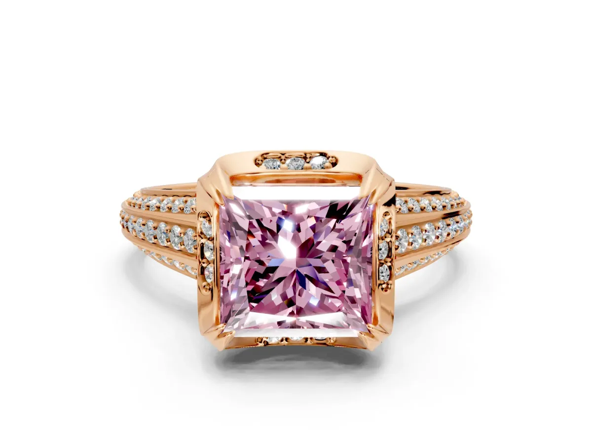 Solitaire Engagement Ring Setting for Fancy Pink Princess Cut Center with Accented Split Shank and Prong Head in Rose Gold
