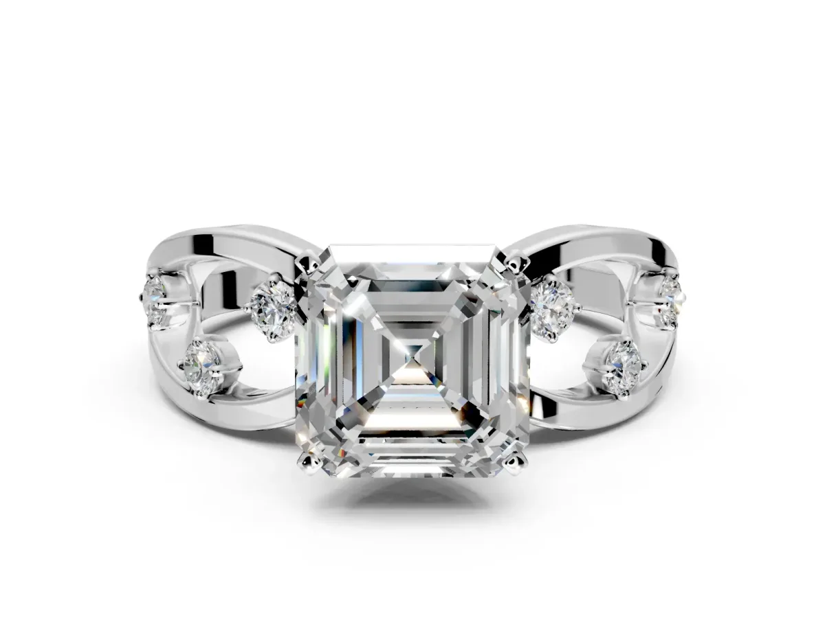 Solitaire Engagement Ring Setting for Asscher Cut Center with Criss-Cross Accent Band and Prong Head in Sterling Silver