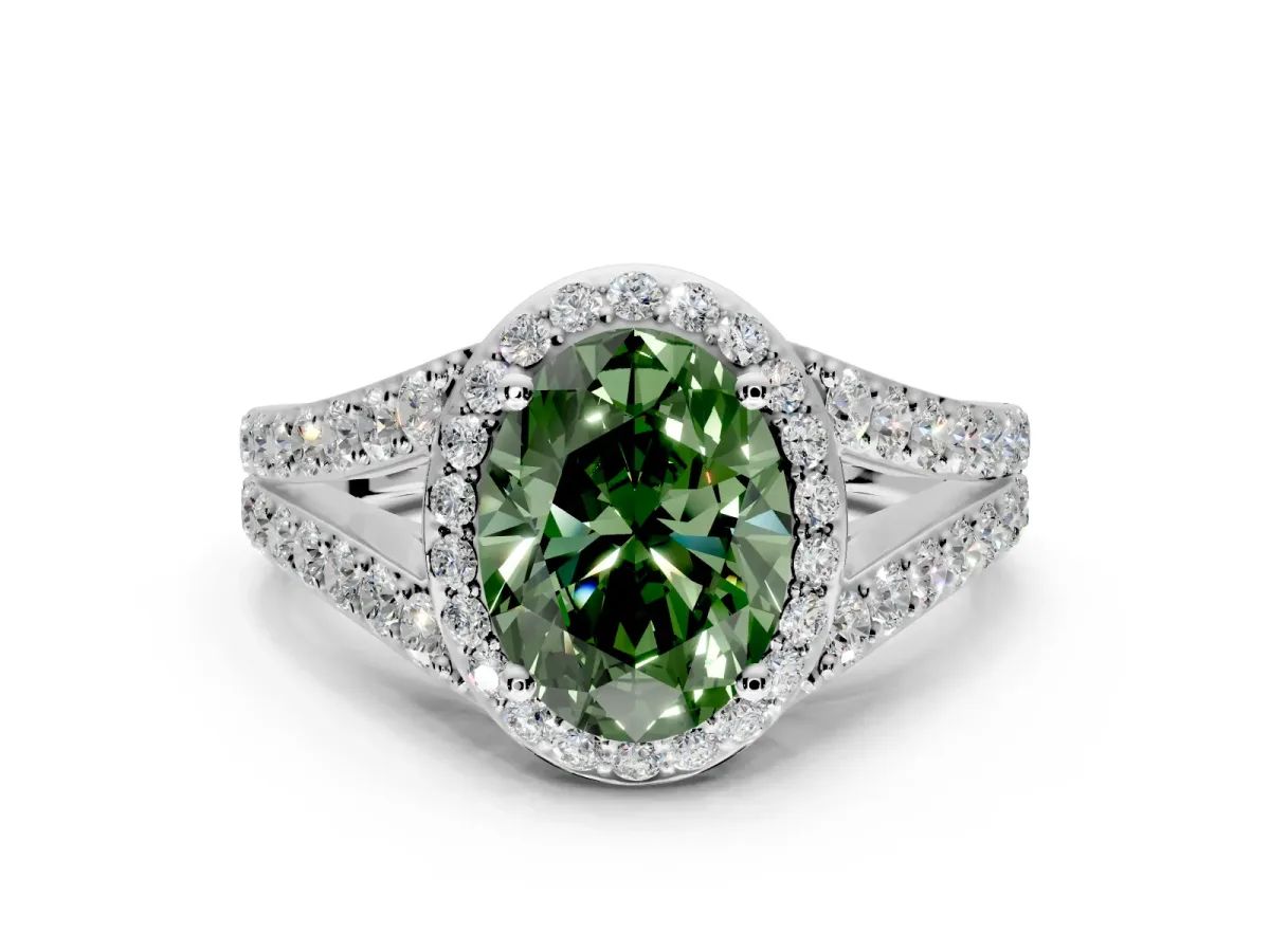 Halo Engagement Ring Setting for Fancy Green Oval Center with Narrow Pave Split Shank and Prong Head in Platinum