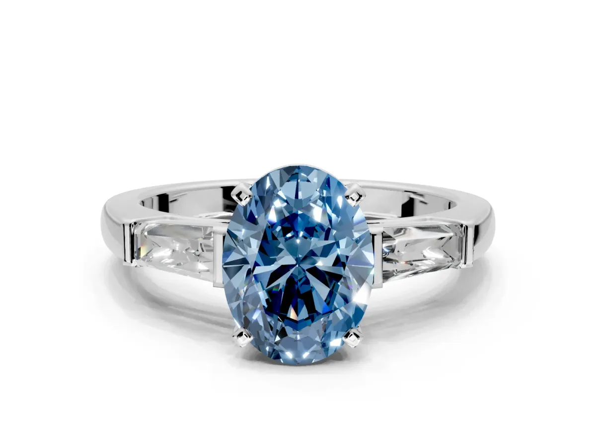 3 Stone Engagement Ring Setting for Fancy Blue Oval Center with Tapered Baguettes, Plain Band and Prong Head in Platinum
