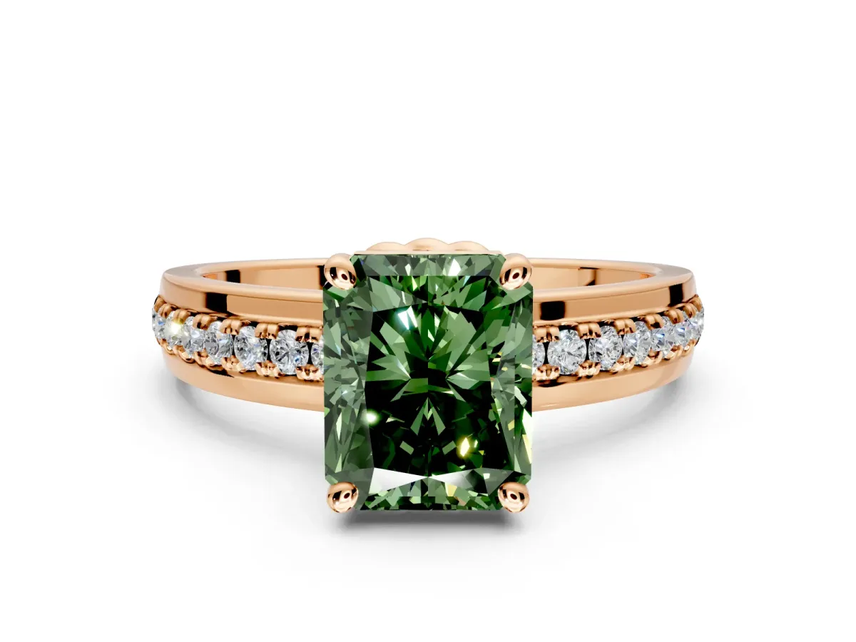 Solitaire Engagement Ring Setting for Fancy Green Radiant Cut Center with Raised Channel Band and Prong Head in Rose Gold
