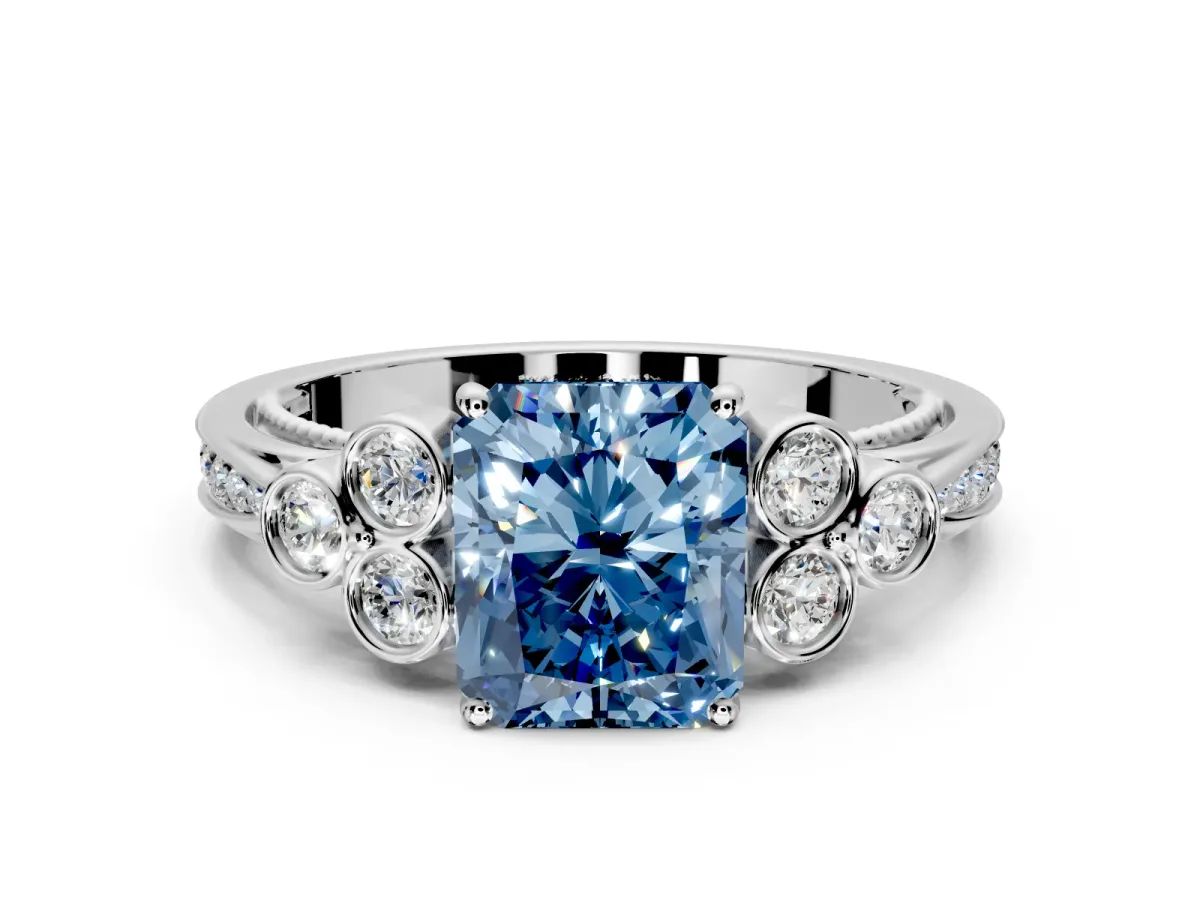 Cluster Engagement Ring Setting for Fancy Blue Radiant Cut Center with Bezel Accent Clusters and Prong Head in Platinum