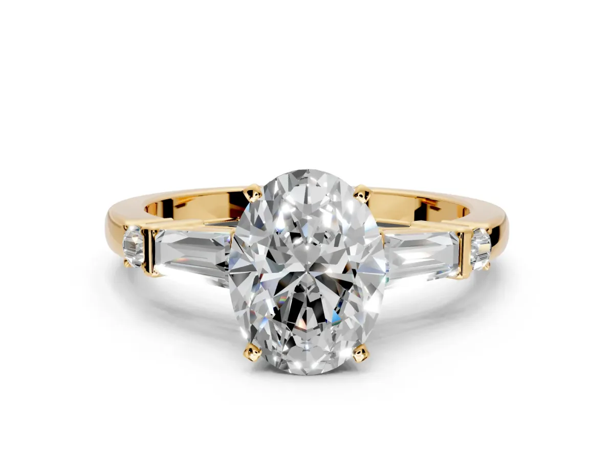 Bar-Set Engagement Ring Setting for Oval Center with Tapered Baguette Accents and Prong Head in Yellow Gold