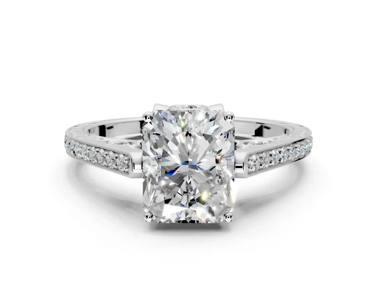 Cathedral Engagement Ring Setting for Radiant Cut Center with Antique-Style Pave Band and Prong Head in Platinum