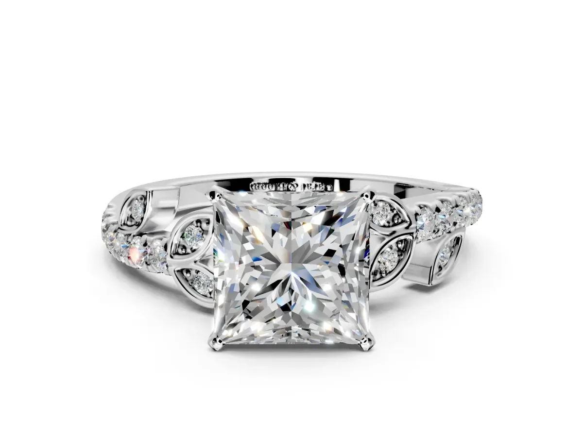 Leaf Motif Engagement Ring Setting for Princess Cut Center with Pave Band and Prong Head in Platinum