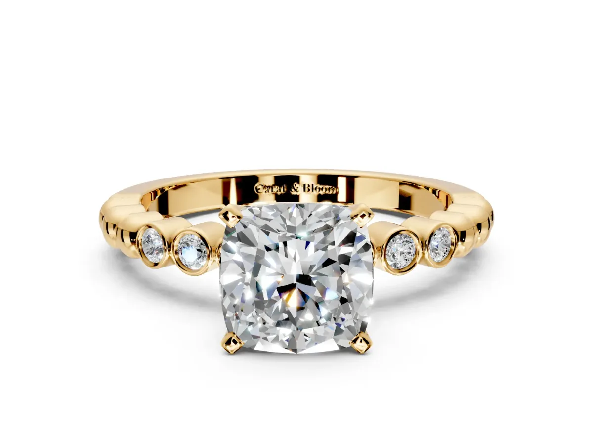 Solitaire Engagement Ring Setting for Cushion Cut Center with Bezel-Dot Beaded Band and Prong Head in Yellow Gold