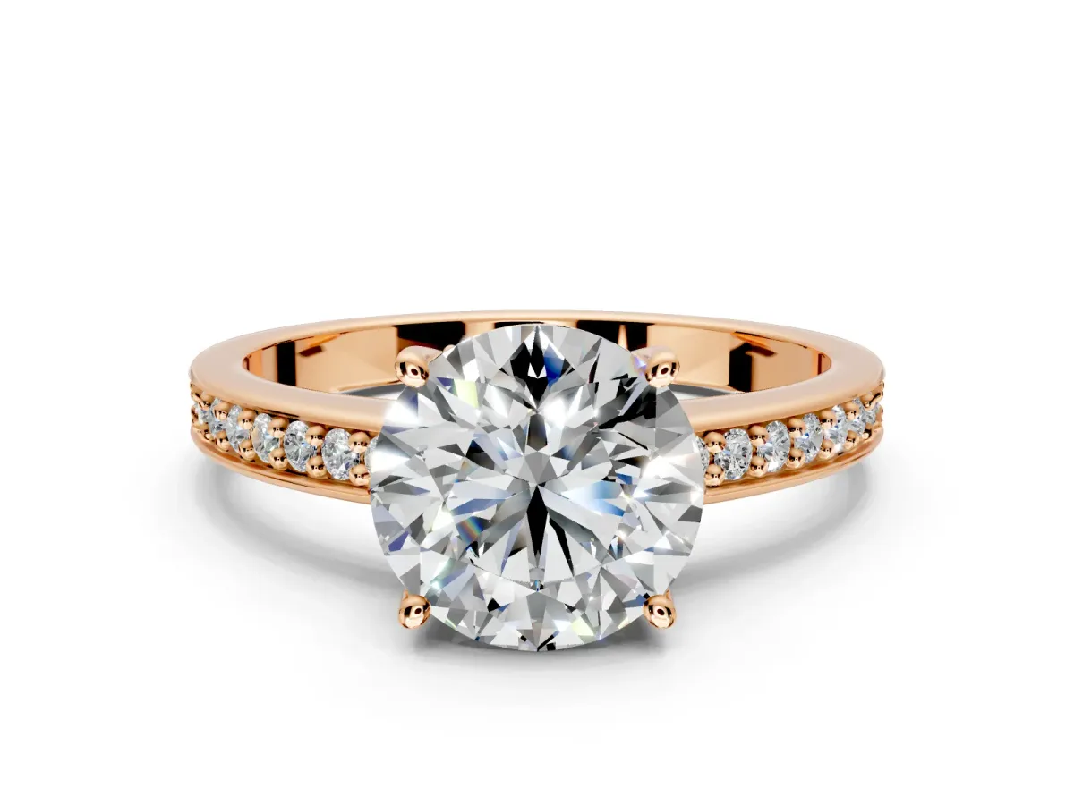 Solitaire Engagement Ring Setting for Round Cut Center with Channel-Set Accent Band and Prong Head in Rose Gold