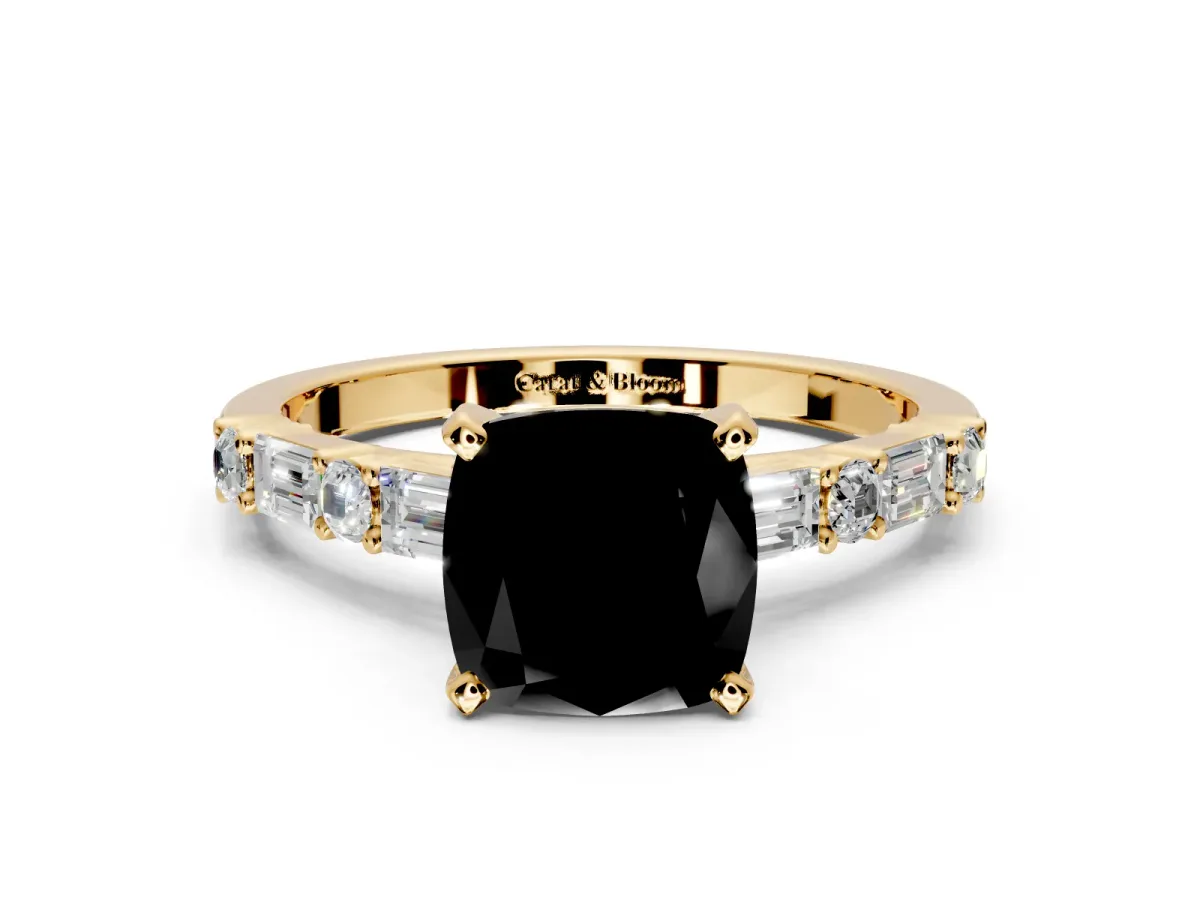 Baguette Engagement Ring Setting for Fancy Black Cushion Cut Center with Alternating Bar-Set Band and Prong Head in Yellow Gold