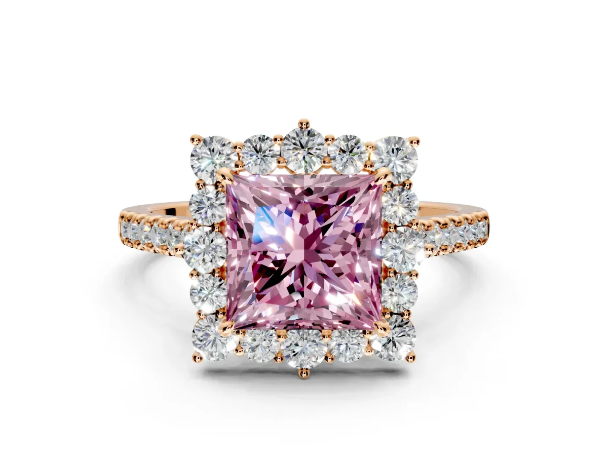 Halo Engagement Ring Setting for Fancy Pink Princess Cut Center with Single-Row Pave, Open Basket and Prong Head in Rose Gold