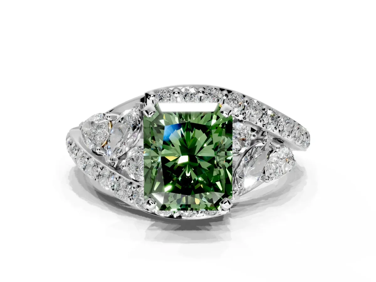 Halo Engagement Ring Setting for Fancy Green Radiant Cut Center with Marquise and Pave Bypass Band and Prong Head in Sterling Silver