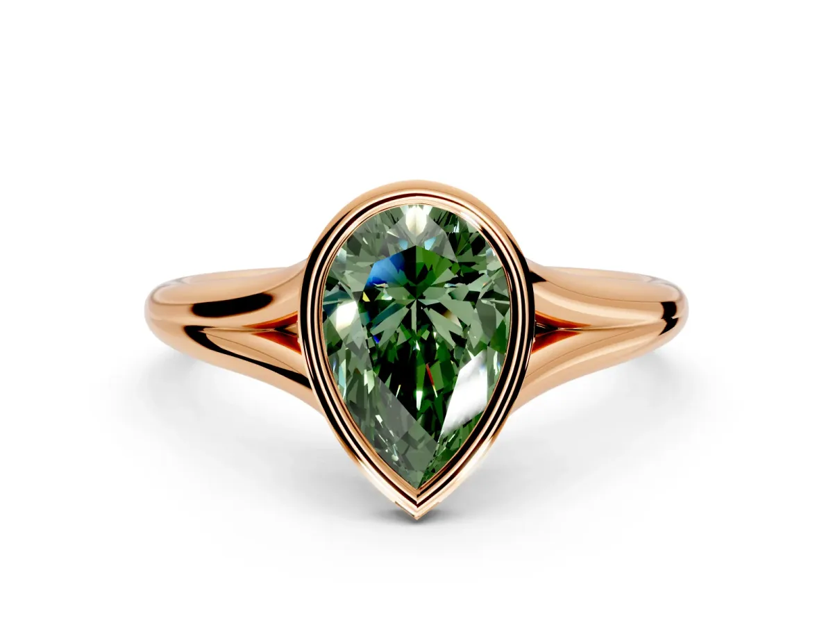 Solitaire Engagement Ring Setting for Fancy Green Pear-Shaped Center with V Split Shank and Bezel Head in Rose Gold