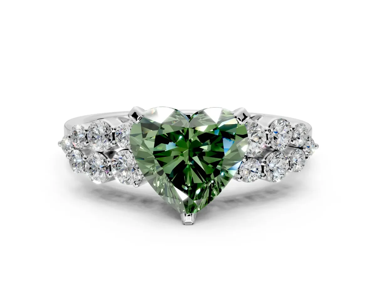 Cluster Engagement Ring Setting for Fancy Green Heart-Shaped Center with 2-Row Shoulder Clusters and Prong Head in White Gold