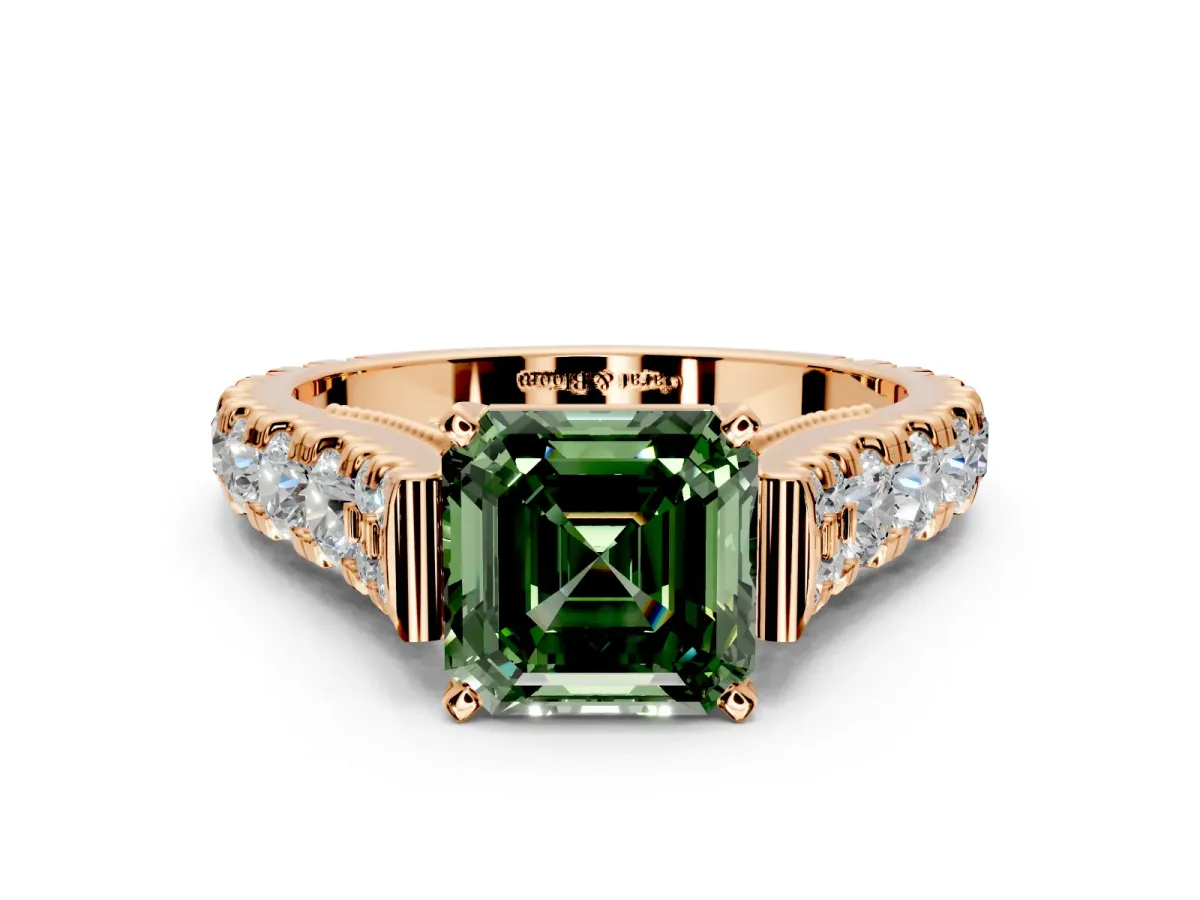 Solitaire Engagement Ring Setting for Fancy Green Asscher Cut Center with Pave Cathedral Shoulders and Prong Head in Rose Gold