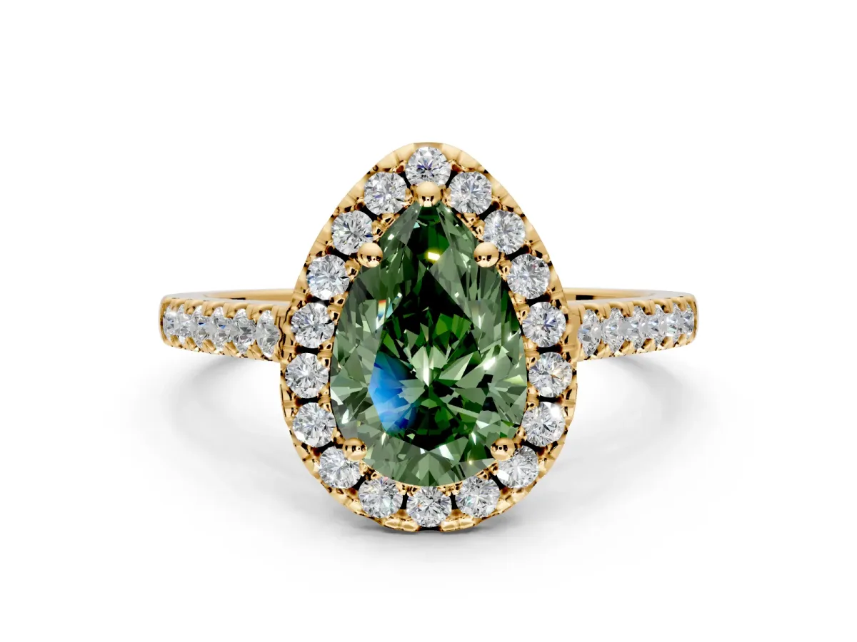 Halo Engagement Ring Setting for Fancy Green Pear-Shaped Center with Raised Halo, Pave Band and Prong Head in Yellow Gold