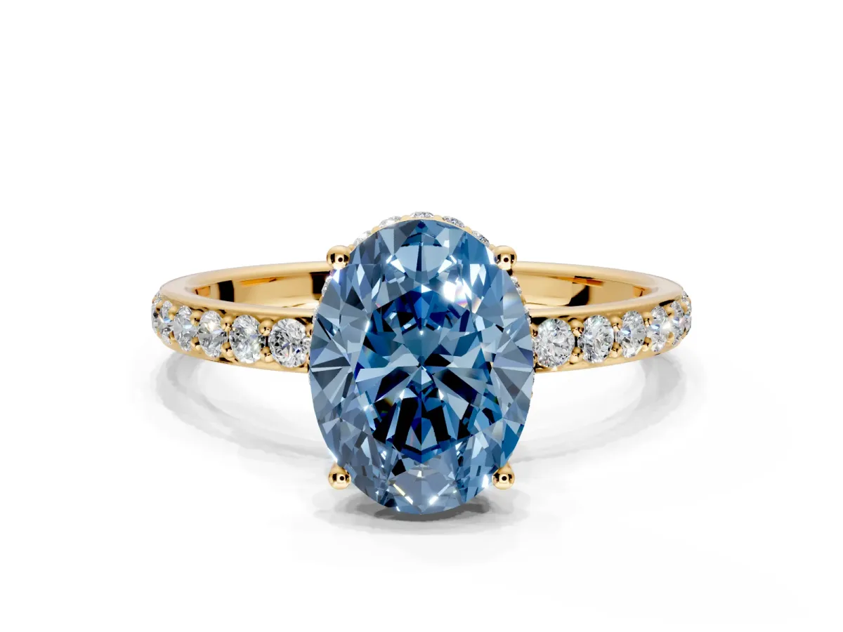 Hidden Halo Engagement Ring Setting for Fancy Blue Oval Center with Pave Band and Prong Head in Yellow Gold