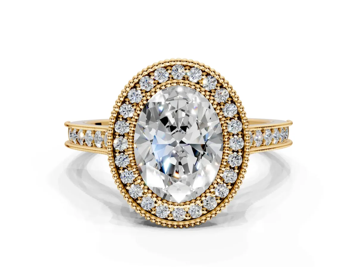 Halo Engagement Ring Setting for Oval Center with Milgrain Pave Band and Bezel Head in Yellow Gold