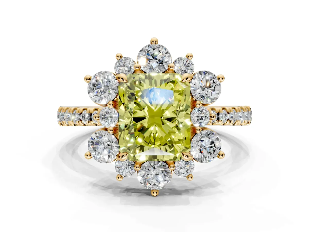 Floral Halo Engagement Ring Setting for Fancy Yellow Radiant Cut Center with Pave Accents and Prong Head in Yellow Gold