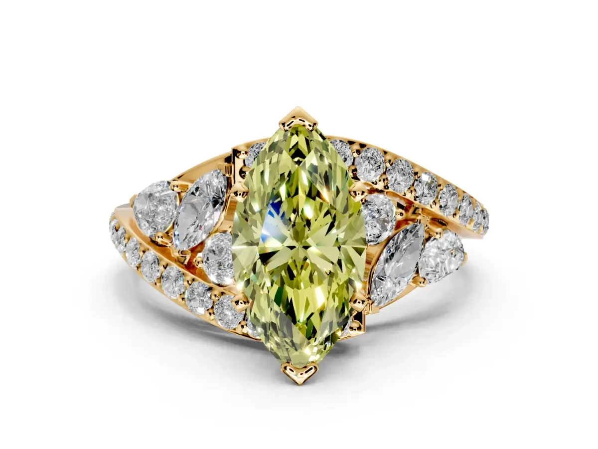 Halo Engagement Ring Setting for Fancy Yellow Marquise Center with Marquise and Pave Bypass Band and Prong Head in Yellow Gold