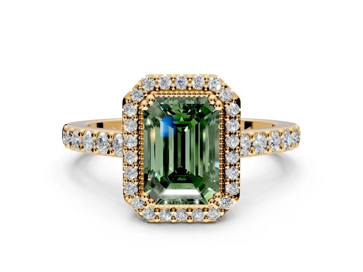 Halo Engagement Ring Setting for Fancy Green Emerald Cut Center with Inner Milgrain Border and Prong Head in Yellow Gold