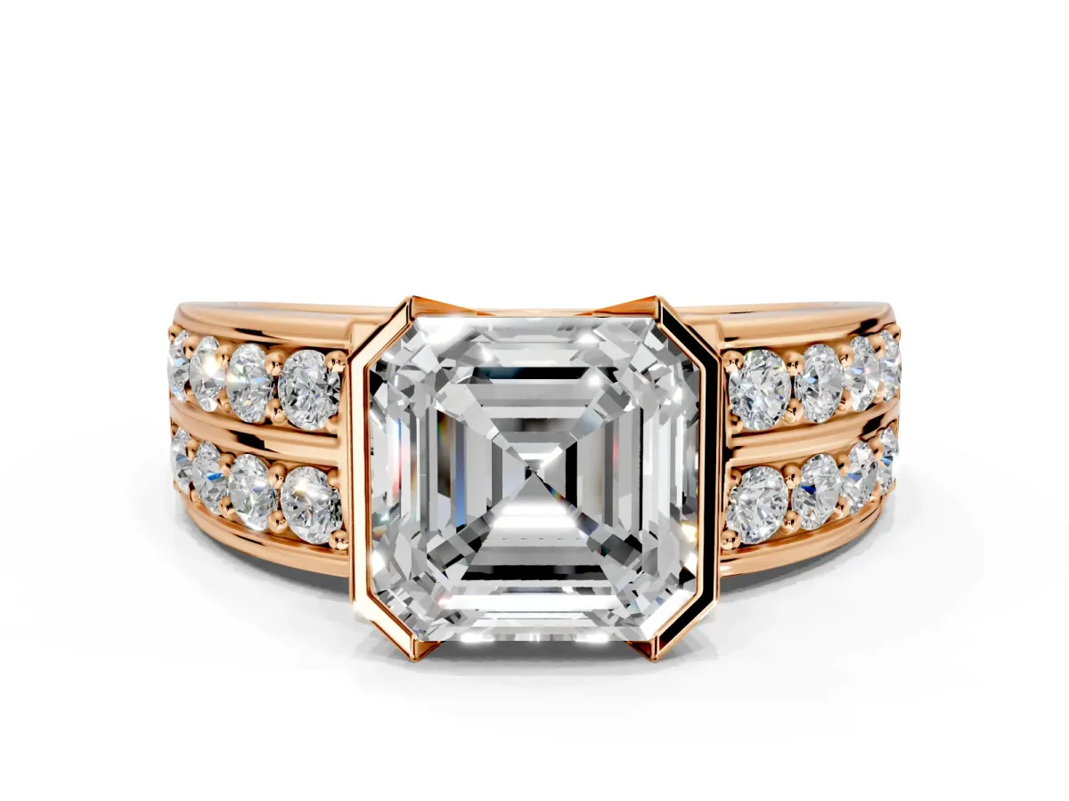 Bezel Engagement Ring Setting for Asscher Cut Center with Wide Channel-Set Band and Bezel Head in Rose Gold