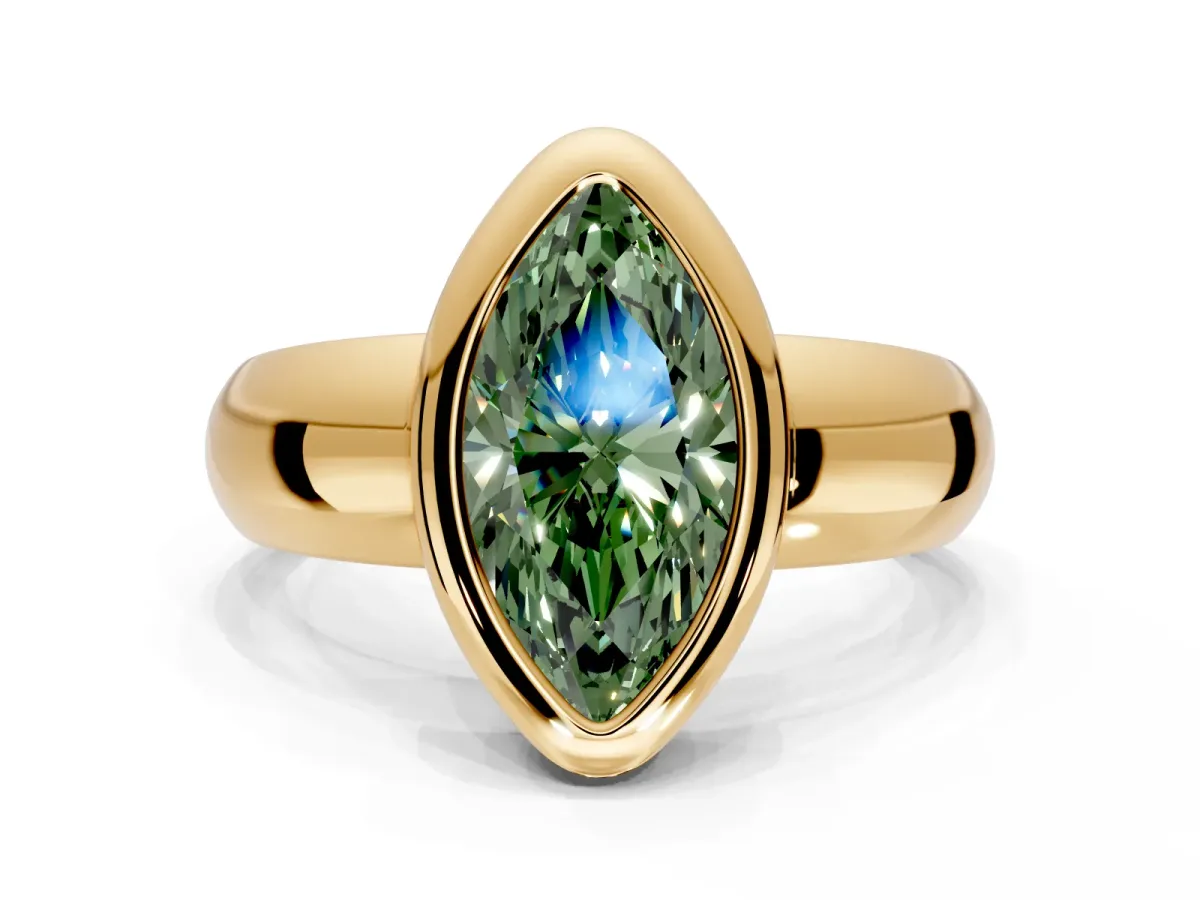 Solitaire Engagement Ring Setting for Fancy Green Marquise Center with Wide Band and Bezel Head in Yellow Gold