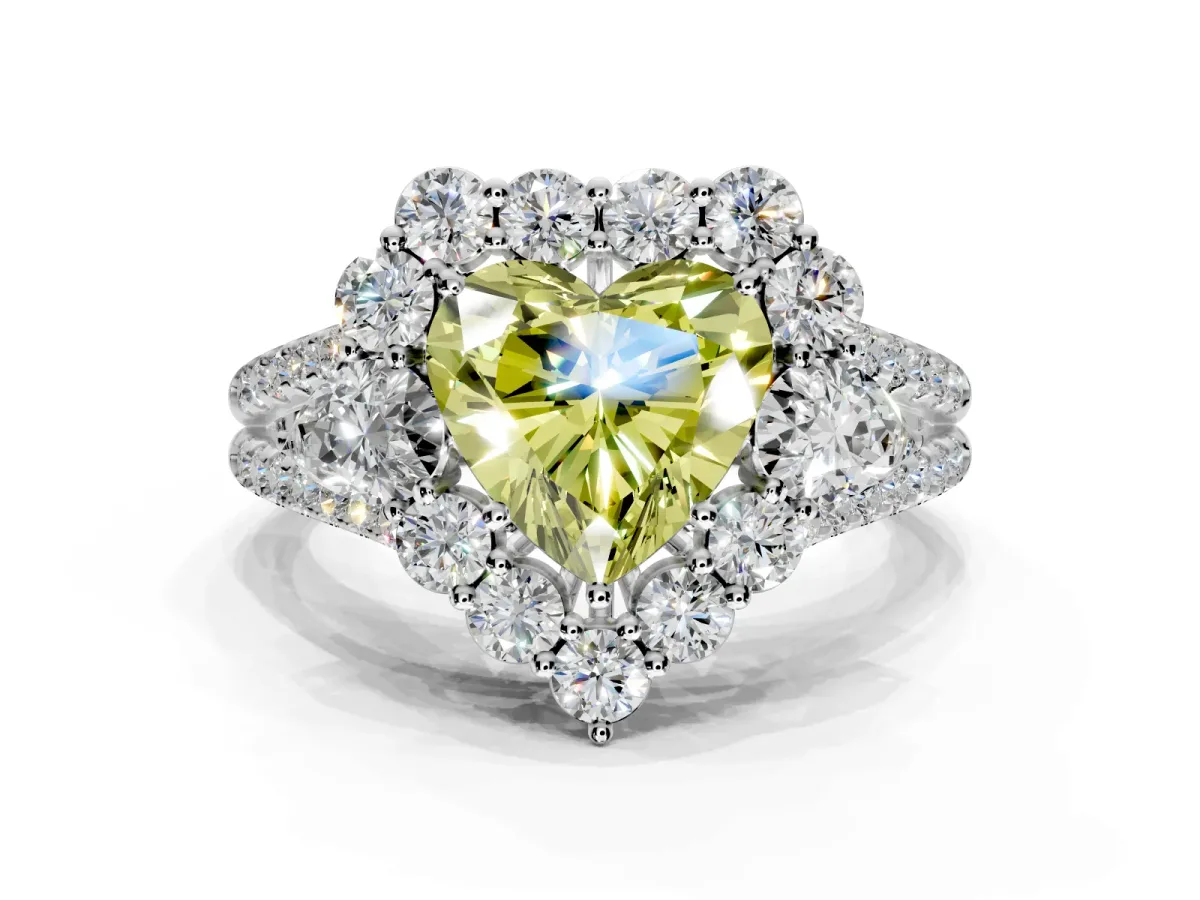 Halo Engagement Ring Setting for Fancy Yellow Heart-Shaped Center with Two-Strand Split Shank and Prong Head in Sterling Silver
