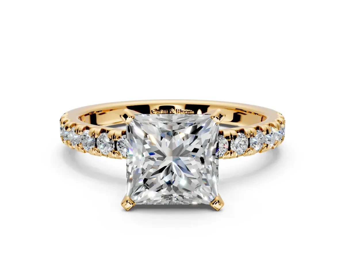 Solitaire Engagement Ring Setting for Princess Cut Center with Large Accents and Prong Head in Yellow Gold