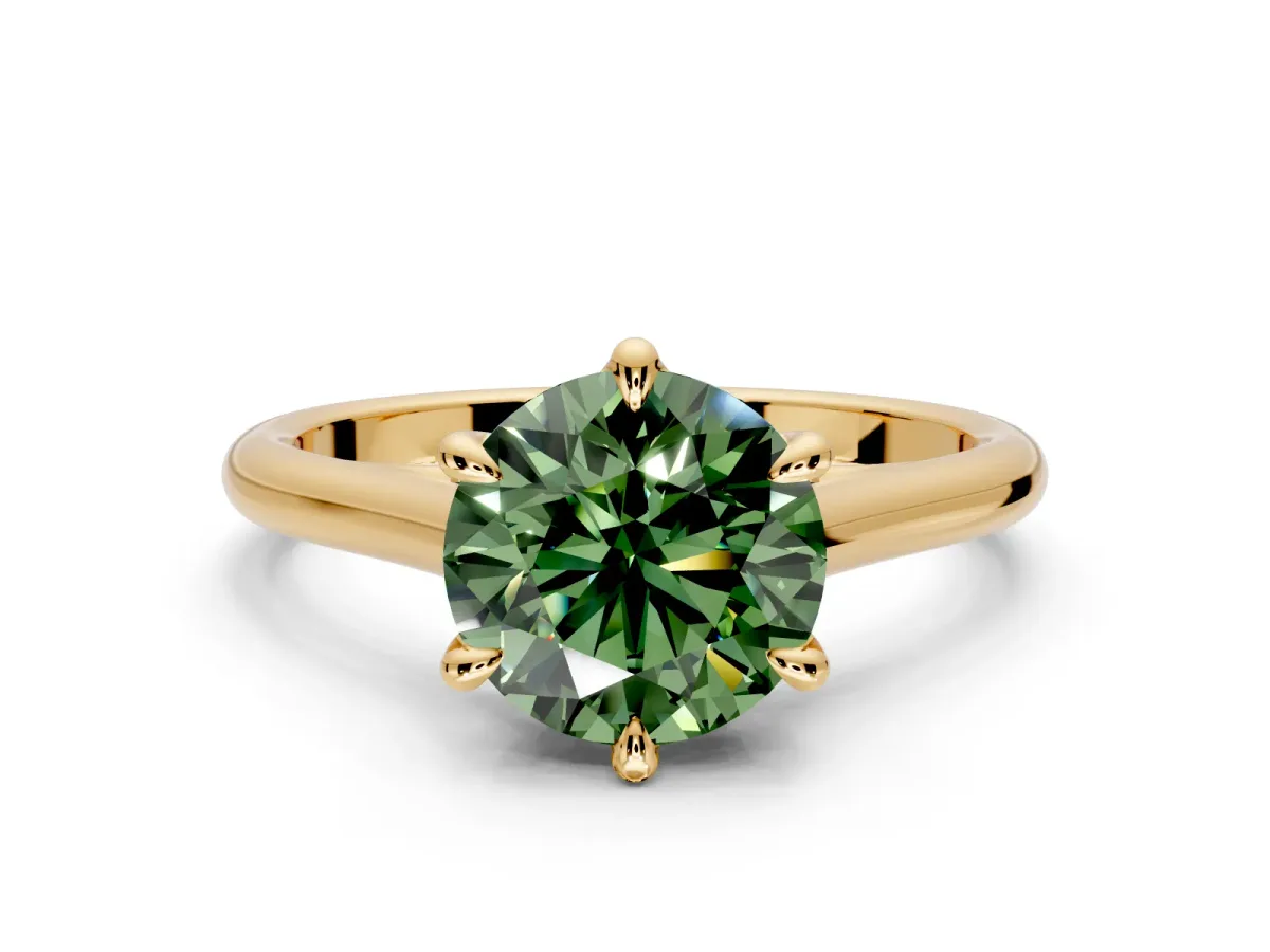 Solitaire Engagement Ring Setting for Fancy Green Round Cut Center with Cathedral Band and Prong Head in Yellow Gold