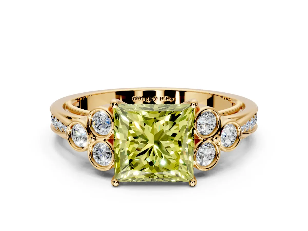 Cluster Engagement Ring Setting for Fancy Yellow Princess Cut Center with Bezel Accent Clusters and Prong Head in Yellow Gold