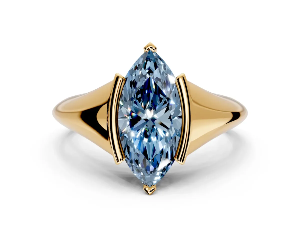 Tension Engagement Ring Setting for Fancy Blue Marquise Center with Wide Tapered Band and Tension Head in Yellow Gold
