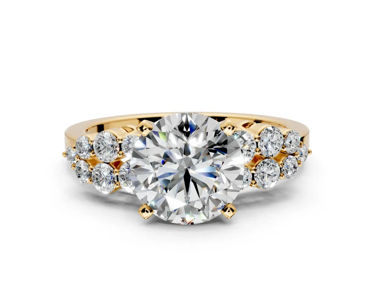 Cluster Engagement Ring Setting for Round Cut Center with 2-Row Shoulder Clusters and Prong Head in Yellow Gold