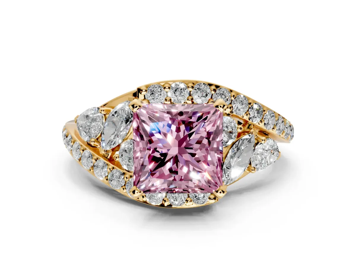 Halo Engagement Ring Setting for Fancy Pink Princess Cut Center with Marquise and Pave Bypass Band and Prong Head in Yellow Gold