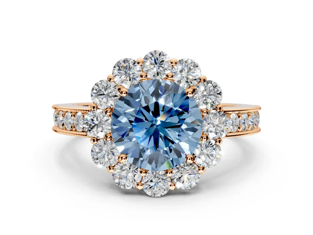 Halo Engagement Ring Setting for Fancy Blue Round Cut Center with Milgrain Channel Band and Prong Head in Rose Gold