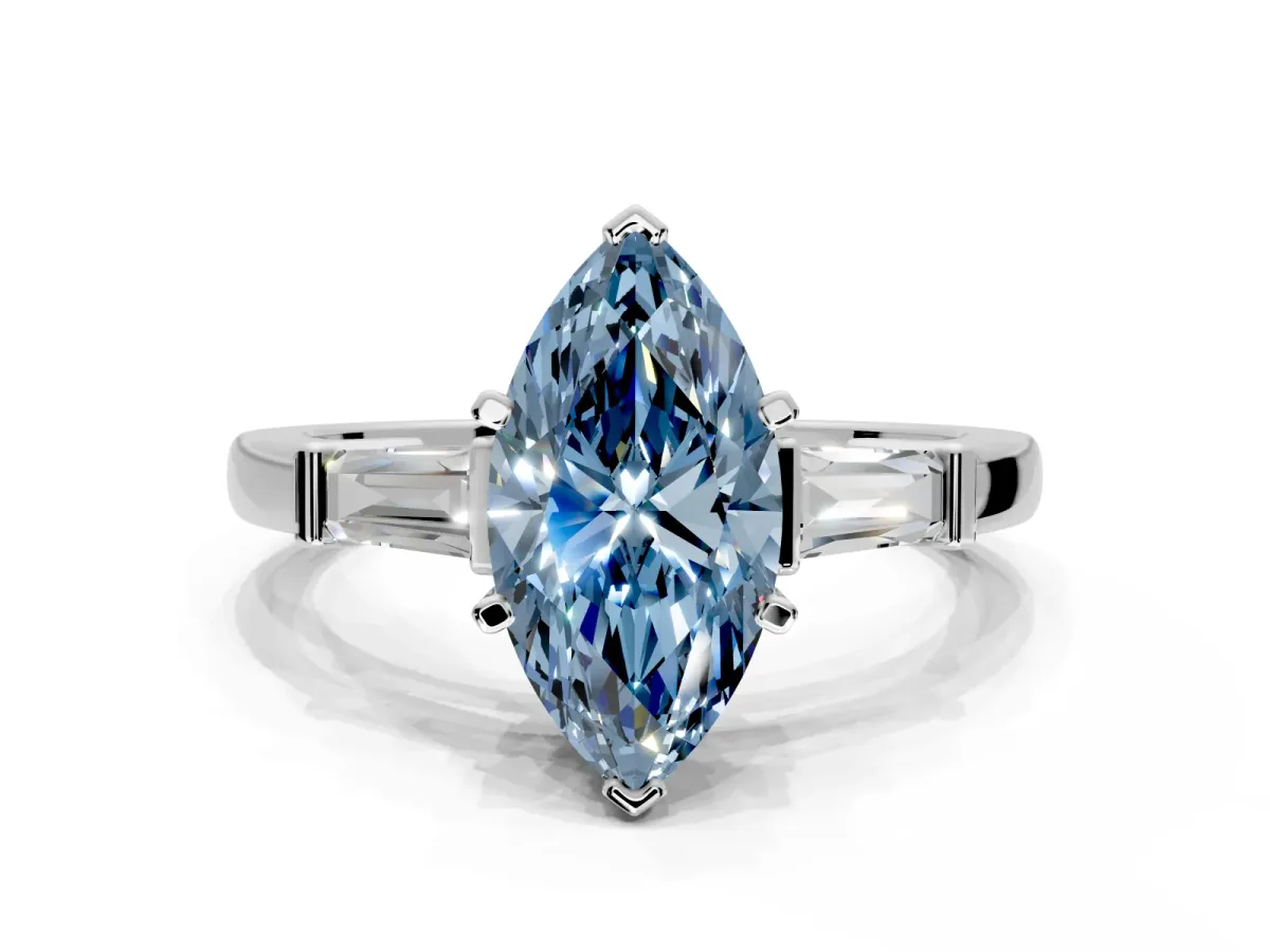 3 Stone Engagement Ring Setting for Fancy Blue Marquise Center with Channel Baguette Accents and Prong Head in Platinum