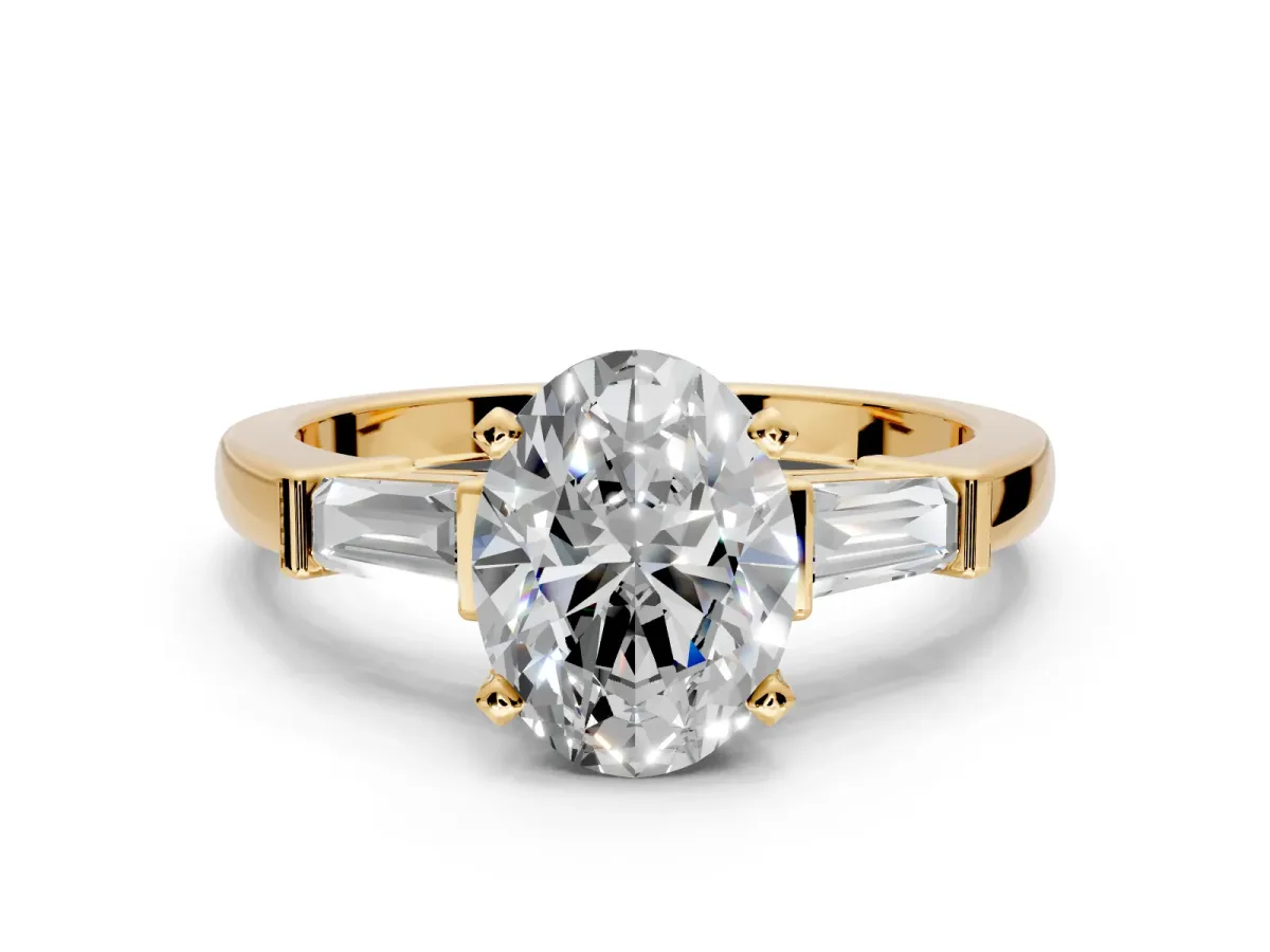 3 Stone Engagement Ring Setting for Oval Center with Channel Baguette Accents and Prong Head in Yellow Gold