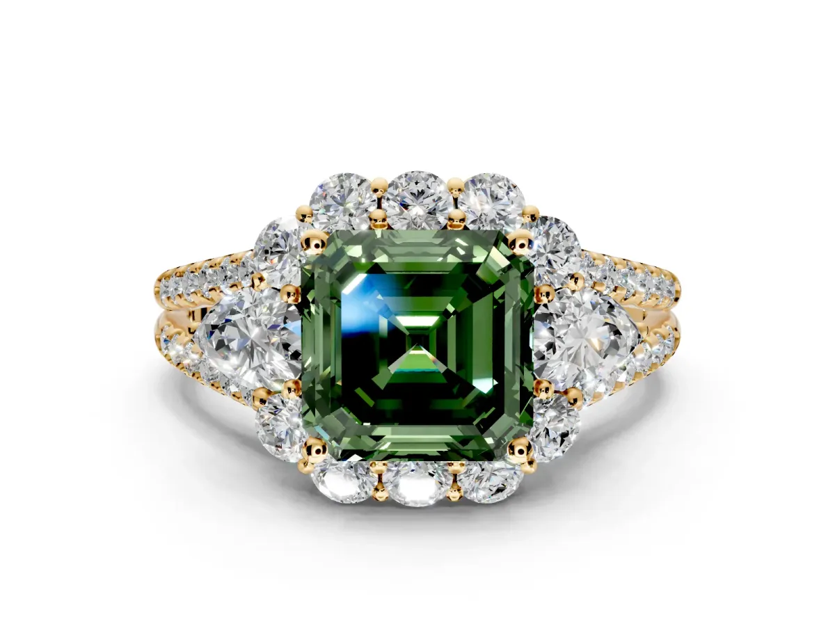 Halo Engagement Ring Setting for Fancy Green Asscher Cut Center with Two-Strand Split Shank and Prong Head in Yellow Gold