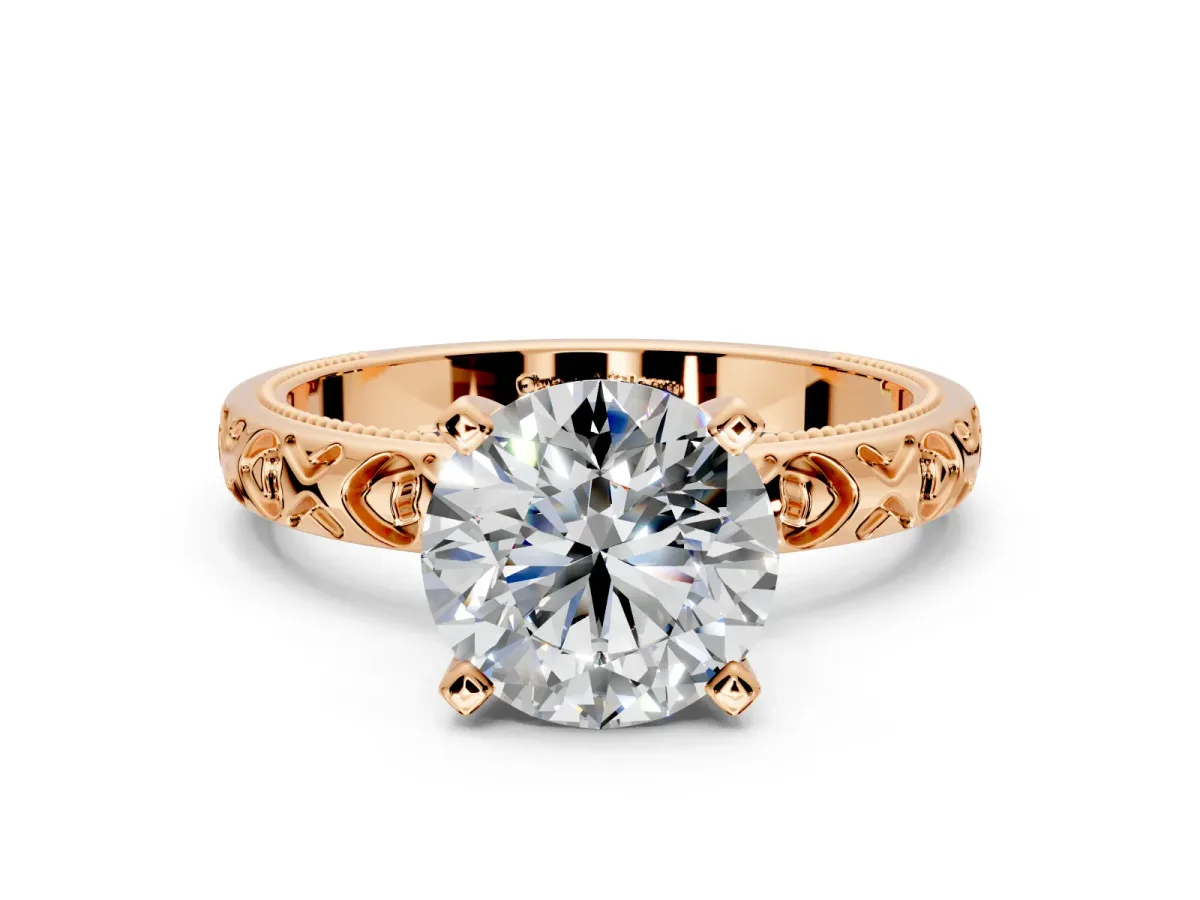 Solitaire Engagement Ring Setting for Round Cut Center with XO Engraved Band and Prong Head in Rose Gold