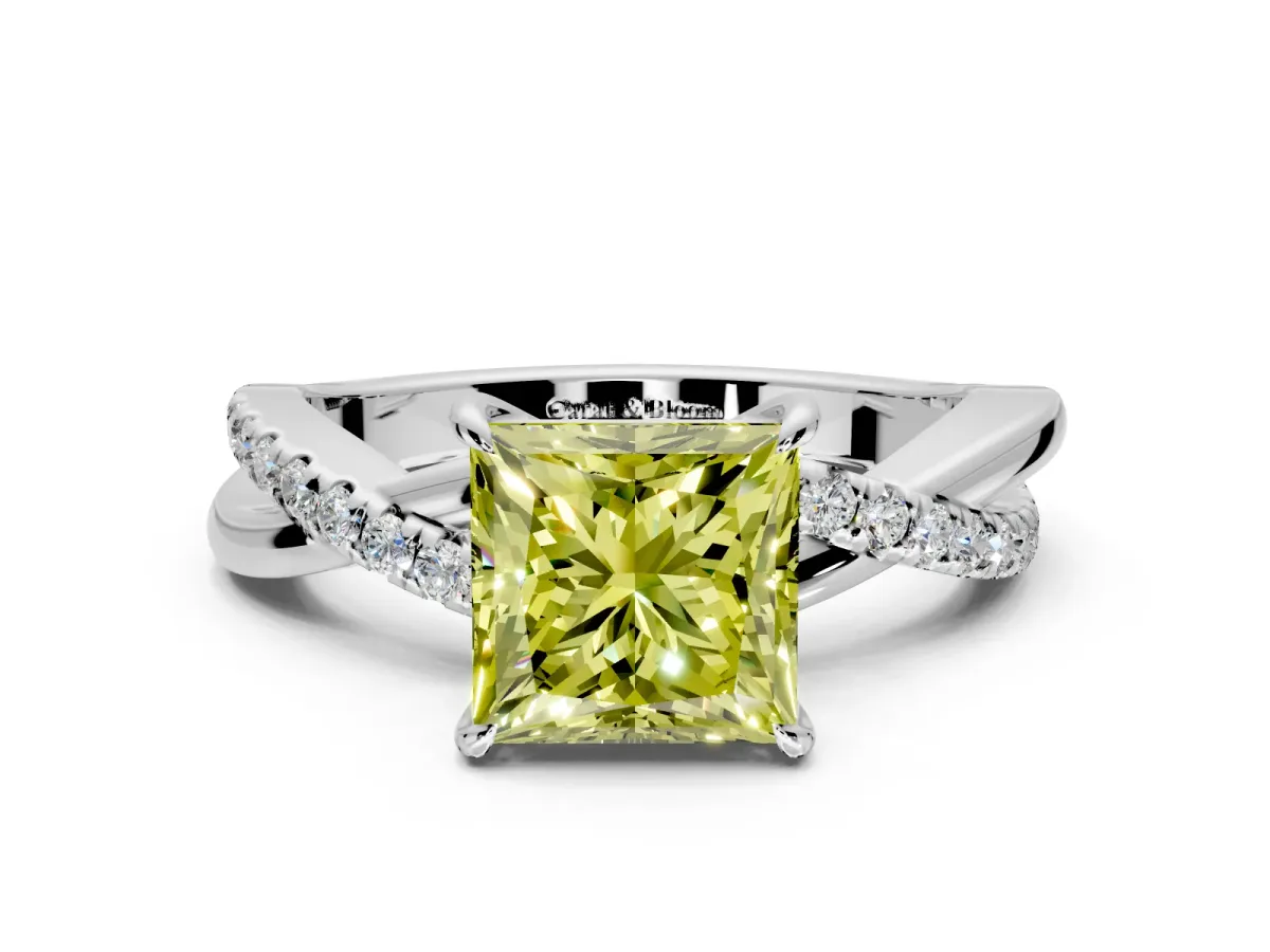 Crossover Engagement Ring Setting for Fancy Yellow Princess Cut Center with Pave and Plain Strands and Prong Head in White Gold