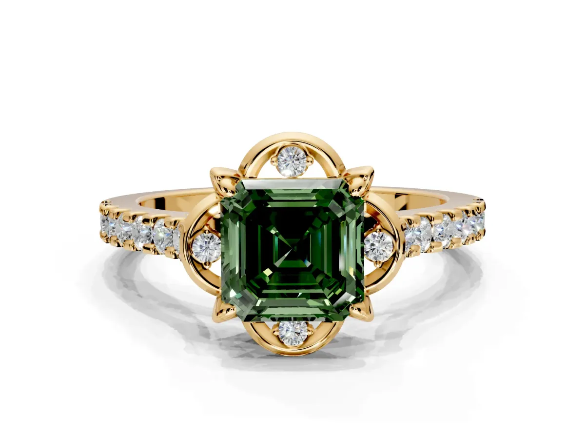 Floral Engagement Ring Setting for Fancy Green Asscher Cut Center with Pave Band and Floral Prong Head in Yellow Gold