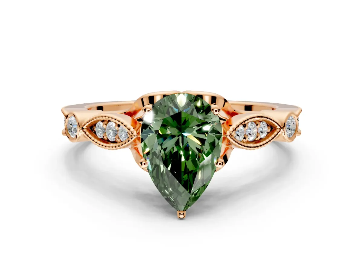 Solitaire Engagement Ring Setting for Fancy Green Pear-Shaped Center with Marquise and Bezel Accents and Prong Head in Rose Gold