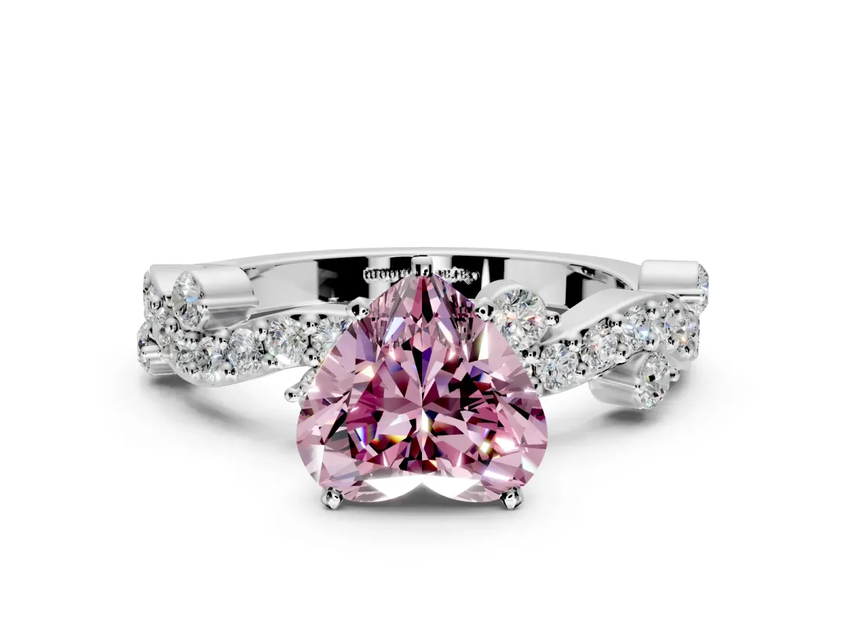 Solitaire Engagement Ring Setting for Fancy Pink Heart-Shaped Center with Bar-Station Pave Twist and Prong Head in Sterling Silver
