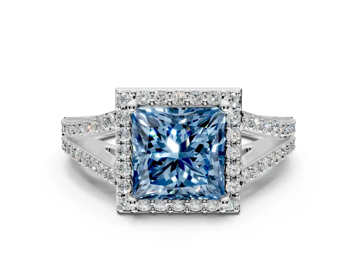Halo Engagement Ring Setting for Fancy Blue Princess Cut Center with Pave Split Shank and Prong Head in Sterling Silver