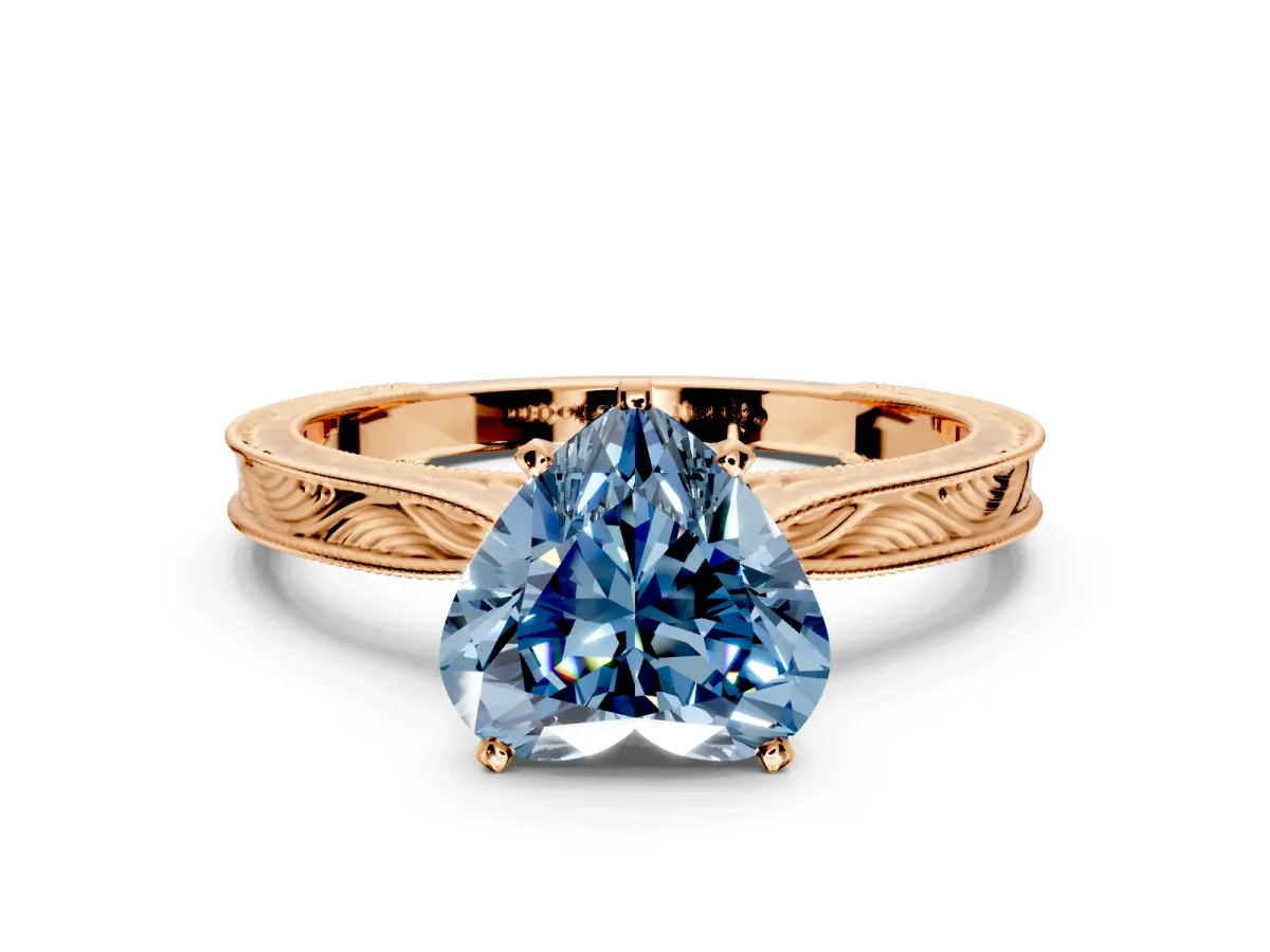 Solitaire Engagement Ring Setting for Fancy Blue Heart-Shaped Center with Engraved Milgrain Band and Prong Head in Rose Gold