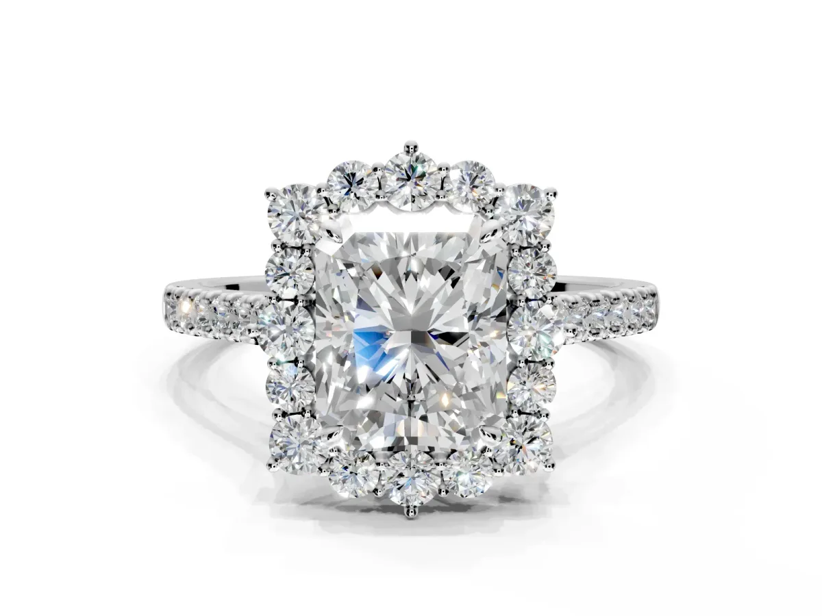 Halo Engagement Ring Setting for Radiant Cut Center with Single-Row Pave, Open Basket and Prong Head in Platinum