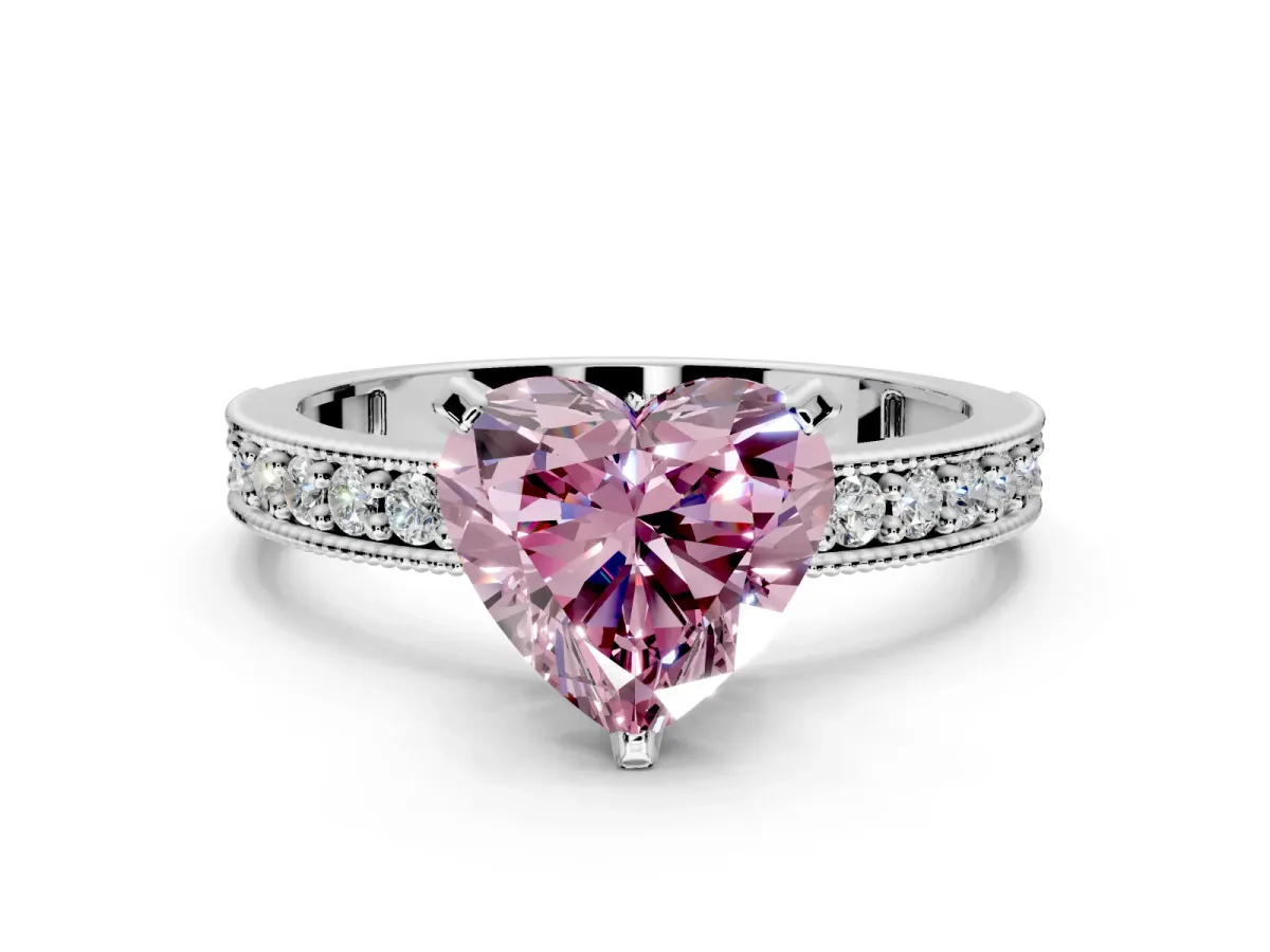 Milgrain Pave Engagement Ring Setting for Fancy Pink Heart-Shaped Center with Accent Band and Prong Head in Platinum